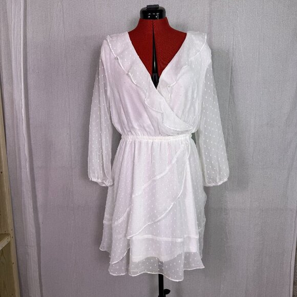 entro Dresses & Skirts - Entro Dress Women’s Size Large White Sheer Polka Dot V Neck Babydoll F178